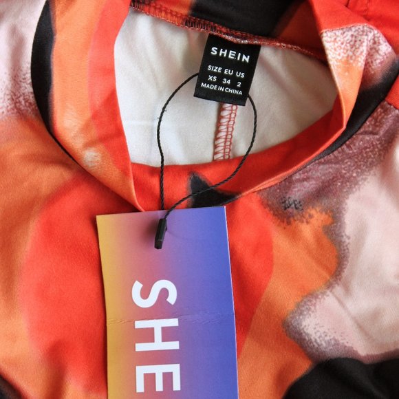 SHEIN SXY Long Bodycon Stretch Dress XS Abstract Halloween Orange Graphic Print - Picture 4 of 9